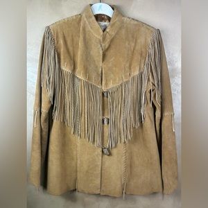 Women's Scully Tan Leather Jacket w/ Fringe- Size Med  Satin Lined- Style LARGE